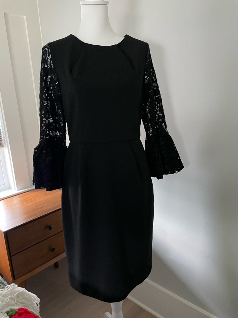 Scarlett Black Lace-Sleeve Embellished Sheath Dress